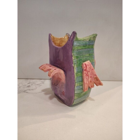 Studio Art Pottery Clay Hoot Owl Signed Figurine Handmade W/ Flippy Tail  Unique - Picture 3 of 11